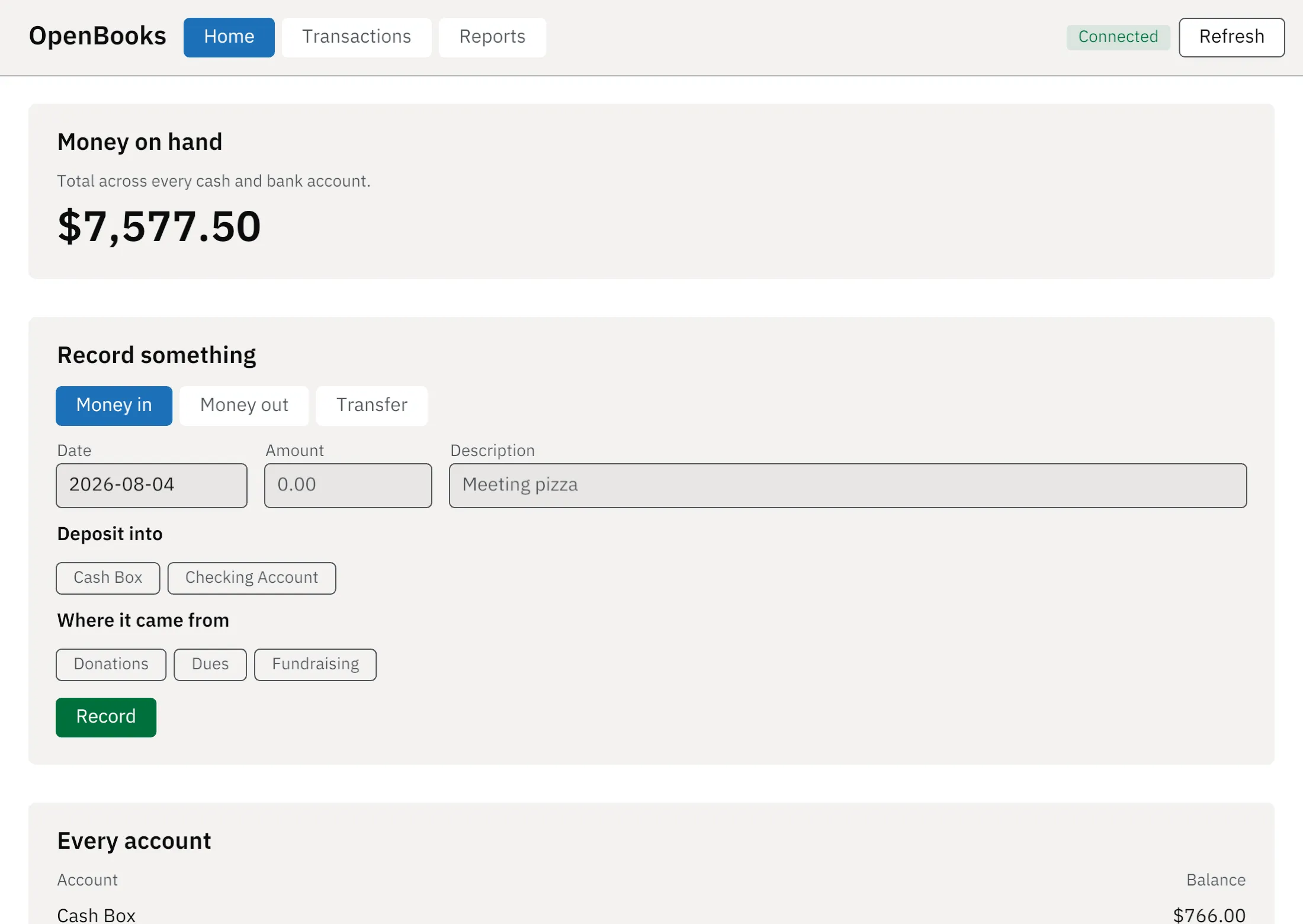 The OpenBooks desktop client showing money on hand, a form for recording something, and every account with its balance.